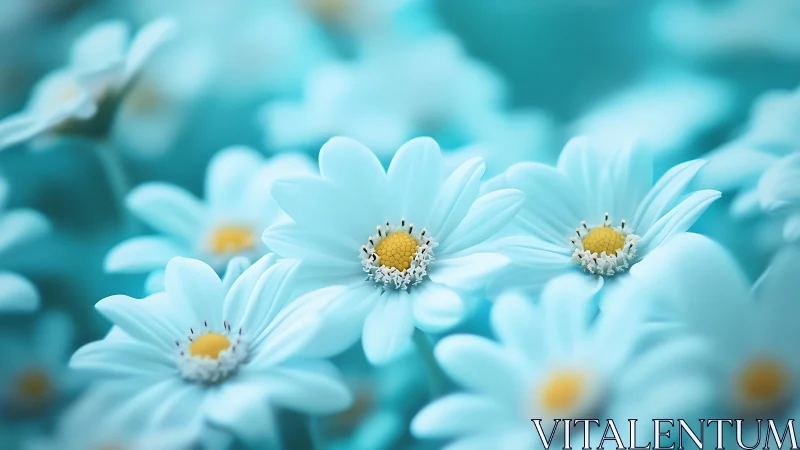 Pale blue daisies with golden centers in soft-focus macro composition.