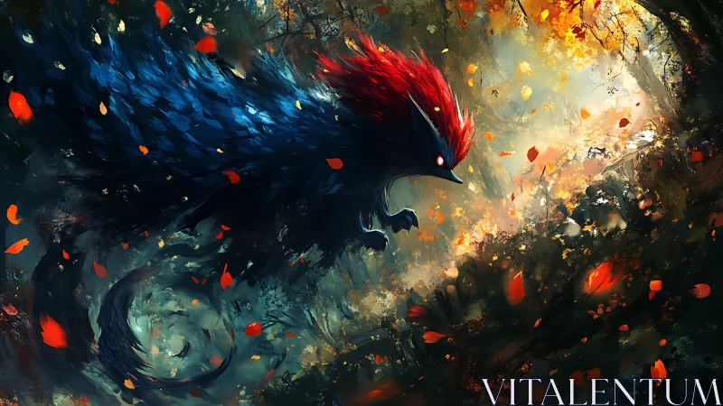 Mythic fox spirit dives through glowing autumn forest