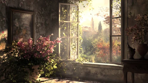 Digital painting of sunlit floral interior with garden view.