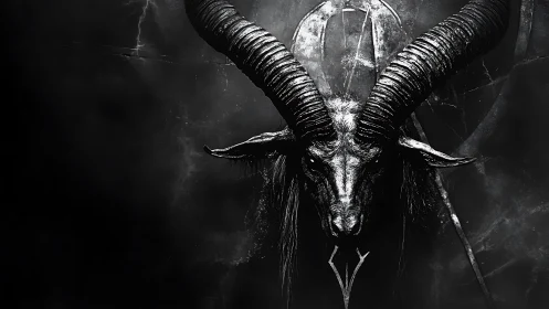 Dark horned goat skull against cracked stone background.