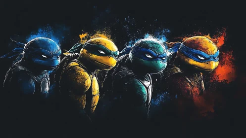 Four stylized turtle warriors rendered with splatter color halos