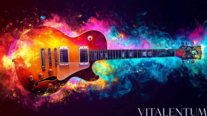 Electric guitar glows in a swirling storm of vivid color