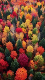 Dense mixed forest canopy with multicolored autumn foliage.