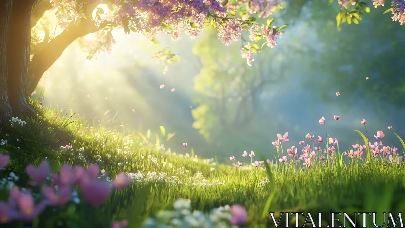 Sunlit blossom meadow under spring forest canopy.