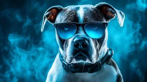 Cool-nosed canine commands a neon-blue smoke spotlight