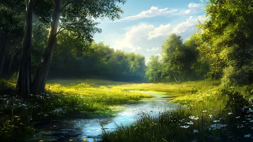 River flowing through forested landscape with deciduous trees