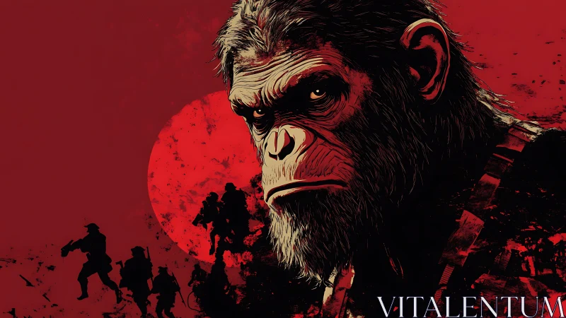 War-scarred ape commander against blood-red rising sun.