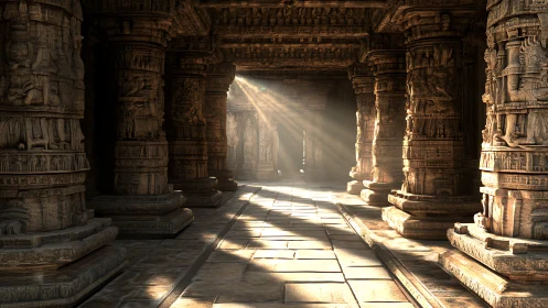 Sunlit stone corridor shows carved columns and dust rays