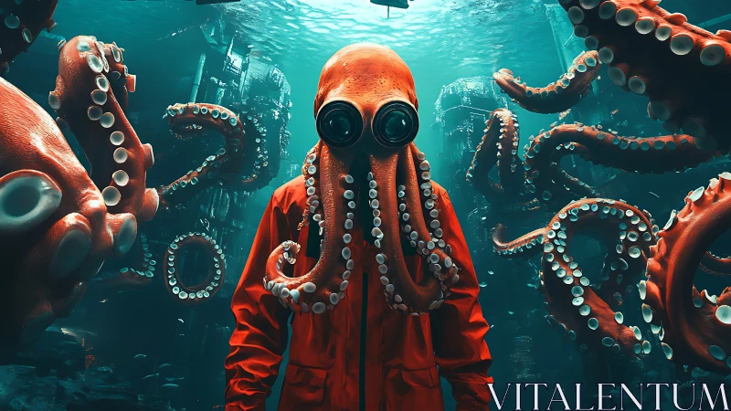 Octopus-headed diver in neon wetsuit within flooded facility.