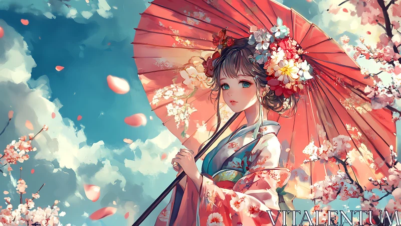 Anime girl in floral kimono under red parasol outdoors.