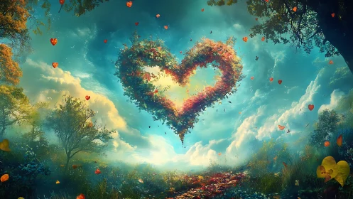 Heart Cloud Ascends Through Golden Forest Sky.