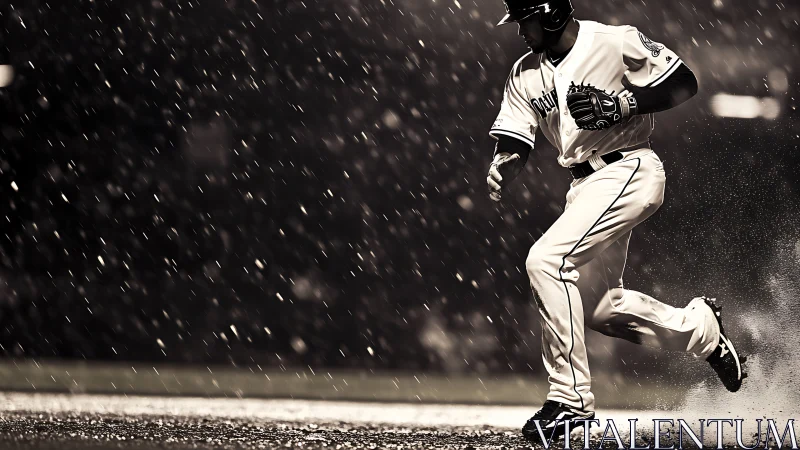Rain-slashed baseball sprint under stadium lights in sepia storm.