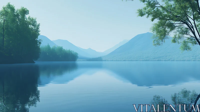 Mist-draped mountains whisper over glassy blue lake hush.