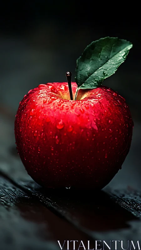 Glistening red apple resting quietly on a dark tabletop.