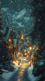 Snow-covered village street with illuminated cottages at night.