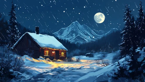 Snowy mountain cabin under bright winter full moon.