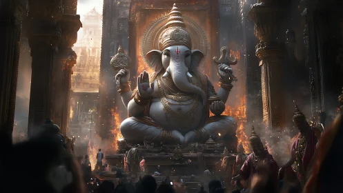 Majestic Ganesha statue dominates ornate burning temple hall.
