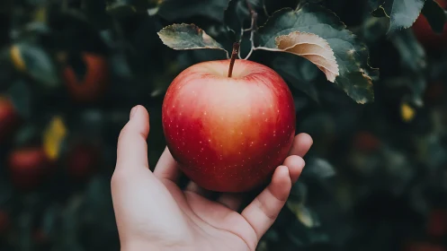 Hand holding red apple on tree branch in outdoor orchard.