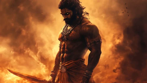 Warrior deity stands amid blazing storm of swirling fire.