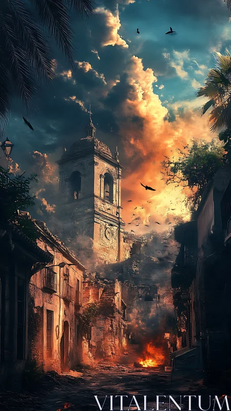 Sunset storm over a crumbling bell tower street scene.