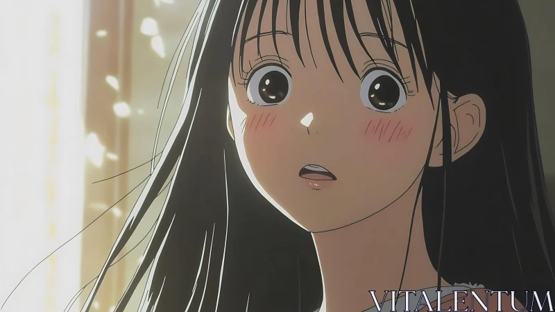 Anime girl portrait captures luminous backlit emotional surprise