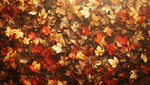 Dense surface of overlapping dry autumn maple leaves.