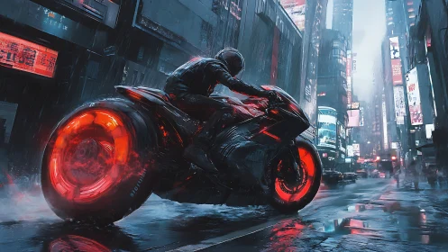 Neon hoverbike cuts through rain soaked cyberpunk city.