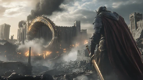 Armored knight confronts burning fortress and circular portal