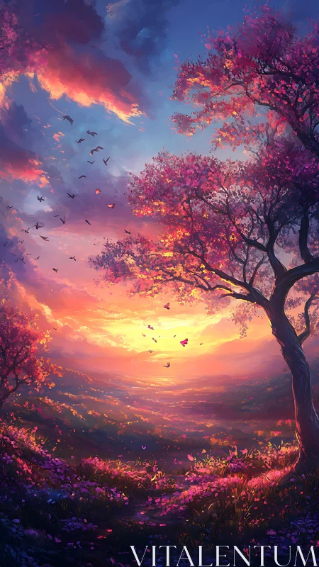 Luminous valley sunset beneath magenta blossom trees and birds