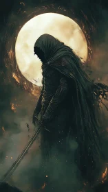 Shadowed moonlit warrior standing in quiet, eerie calm.