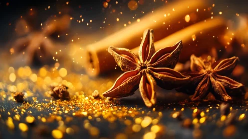 Warm star anise and cinnamon glow in golden bokeh light