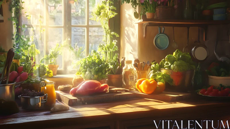 Sunlit rustic kitchen still life with peppers and fresh greens