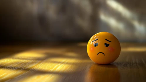Yellow emoticon ball on wooden surface in soft light.