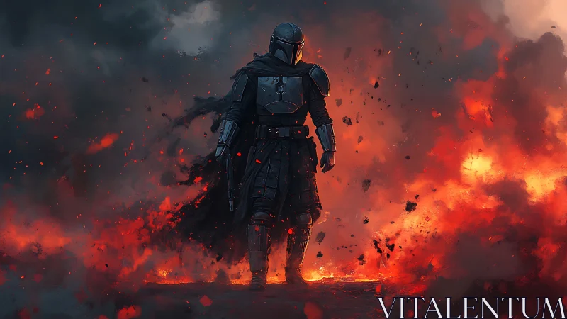 Digital painting of armored warrior in infernal battlefield haze.