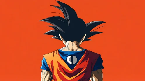 Backlit spiky-haired warrior silhouette on bold orange field.