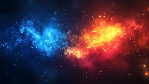 Cosmic clash of blue and orange nebula energy streams.