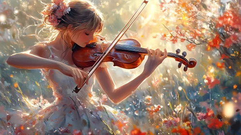 Young violinist in floral dress playing in glowing garden.