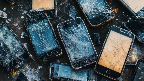 Shattered smartphones scatter across dark reflective surface.