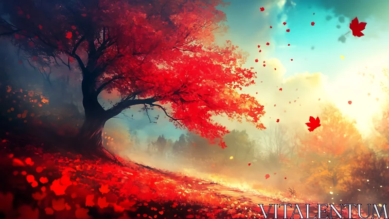 Solitary red-leaved tree beside misty woodland path.