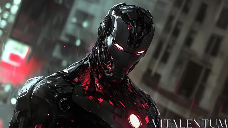 Cybernetic armored warrior in neon city downpour.