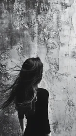Solitary woman stands against weathered wall in moody wind