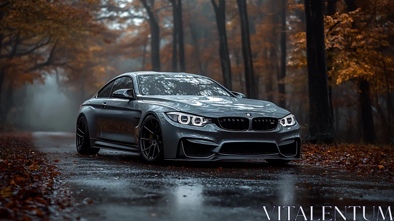 Sleek silver sports coupe resting on a misty autumn road.