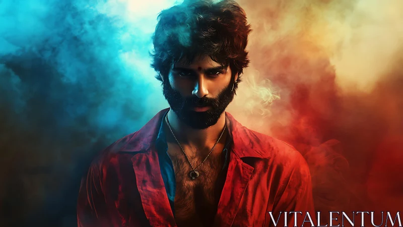 Moody male portrait with split-color volumetric smoke lighting field