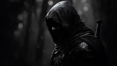 Shrouded rogue in wet leathers under cinematic low key light.