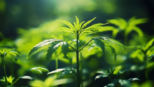 Young cannabis plant in dense green foliage field.