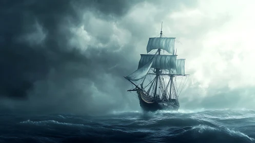Sailing ship in stormy ocean under dense clouded sky.