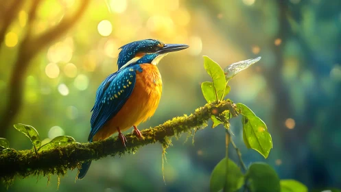 Vibrant Kingfisher on Mossy Branch in Sunlit Forest, Nature Art.