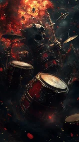 Skeletal drummer figure with fiery explosive background scene.