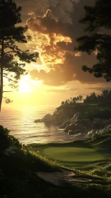 Sunset golf green above rocky ocean shoreline panorama.