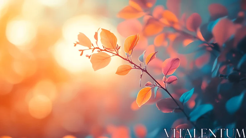 Sunlit branch in dreamy bokeh, warm and cool harmony.